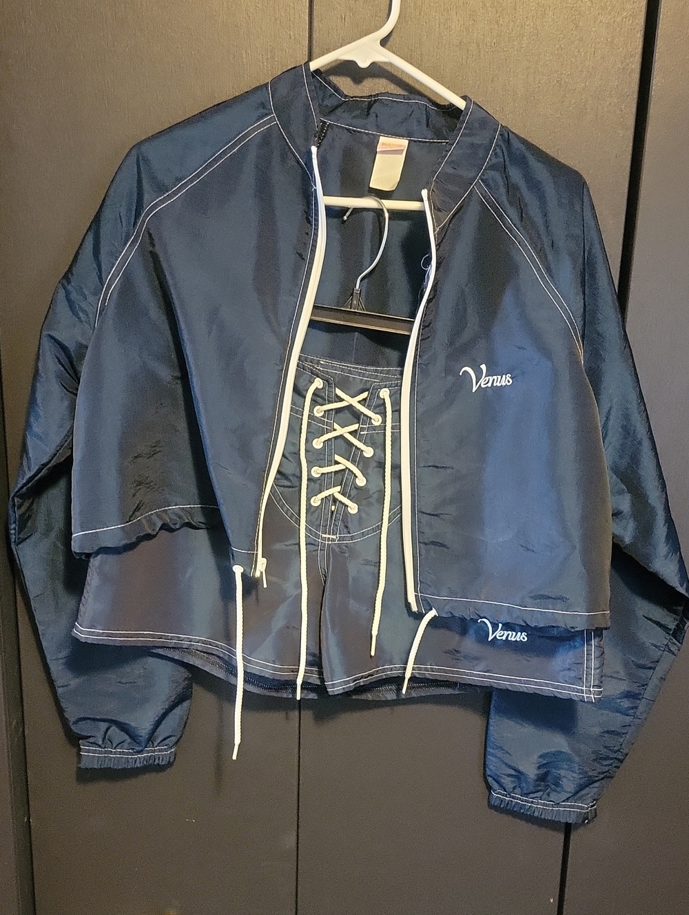 VENUS Navy Cropped Lace-Up Bomber Jacket And Shorts Set with White Trim